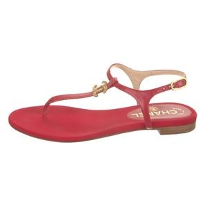 CHANEL Red Leather and Grosgrain Thong Sandals with Gold Metal Logo Size 38